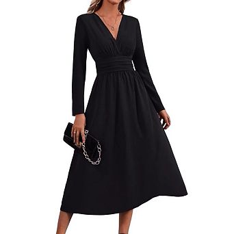 Womens V Neck Long Sleeve Maxi Dress Trendy Elegant Flowy Wedding Guest Holiday Formal Long Dresses