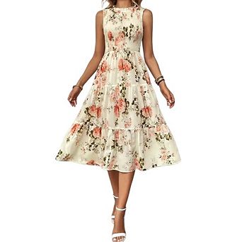 Women's Summer Midi Sundress Casual Sleeveless Smocked Tank Dress Beach Tiered Flowy Maxi Dresses