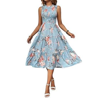 Women's Summer Midi Sundress Casual Sleeveless Smocked Tank Dress Beach Tiered Flowy Maxi Dresses