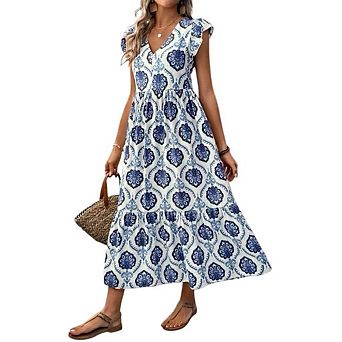 Womens Summer Floral Maxi Dress Casual Boho V Neck Ruffle Short Sleeve Beach Long Dresses
