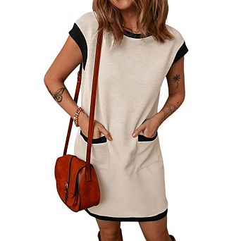 Women's Short Sleeve Crew Neck Tunic Dress with Pockets for Casual Daily