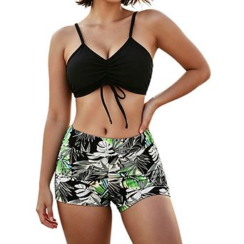 Women's High Waist Drawstring Two Piece Swimsuit Shorts Set for Beach Pool