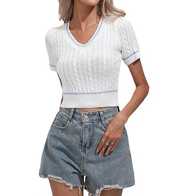 Womens Short Sleeve Sweaters V Neck Cable Knit Pullover Tops Summer Lightweight Shirts Blouses