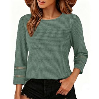 Women's Waffle Knit Blouses 3/4 Sleeve Crew Neck Hollow Out Casual Tunic Tops
