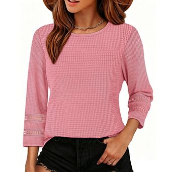 Women's Waffle Knit Blouses 3/4 Sleeve Crew Neck Hollow Out Casual Tunic Tops
