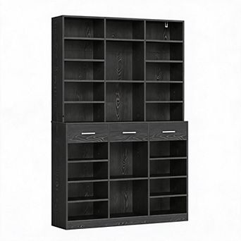 9 tier Bookshelf with Drawers, 75 in Tall Farmhouse Wooden Bookcase Open Storage Cabinet