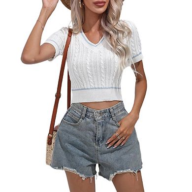 Womens Short Sleeve Sweaters V Neck Cable Knit Pullover Tops Summer Lightweight Shirts Blouses