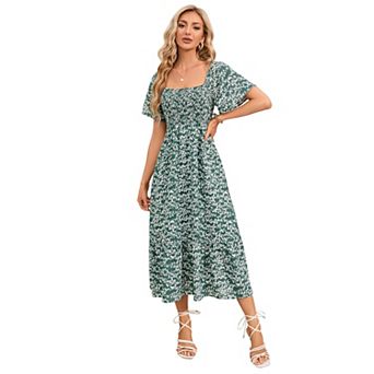 Women's Square Neck Flutter Sleeve Midi Dress, Smocked Tiered Casual Dress