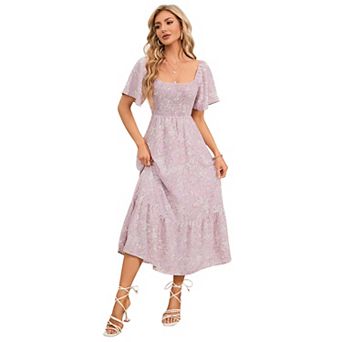Women's Square Neck Flutter Sleeve Midi Dress, Smocked Tiered Casual Dress