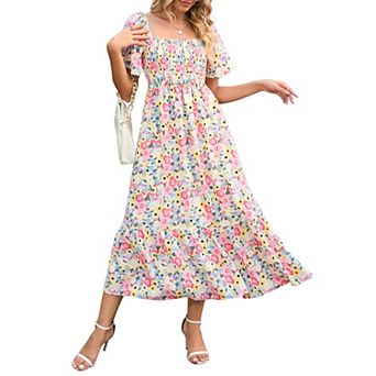 Women's Square Neck Flutter Sleeve Midi Dress, Smocked Tiered Casual Dress