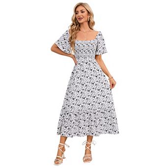 Women's Square Neck Flutter Sleeve Midi Dress, Smocked Tiered Casual Dress