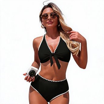 Women’s Colorblock Bikini Set V Neck Cross Back High Waist Swimsuit Full Coverage Bathing Suit