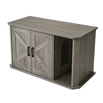 Modern Hidden Cat Litter Box Enclosure Furniture - Large Wooden Cat House - Double Door, Side Entry