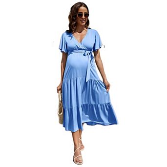 Women’s V Neck Flounce Sleeve Maternity Maxi Dress Puff Sleeve Ruched Long Gown Baby Shower Outfit