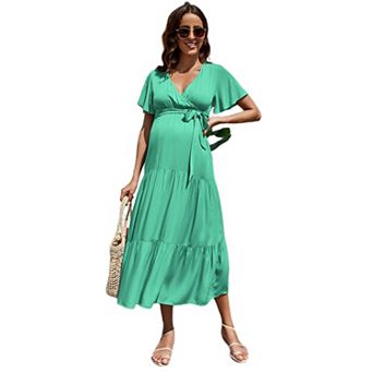 Women’s V Neck Flounce Sleeve Maternity Maxi Dress Puff Sleeve Ruched Long Gown Baby Shower Outfit