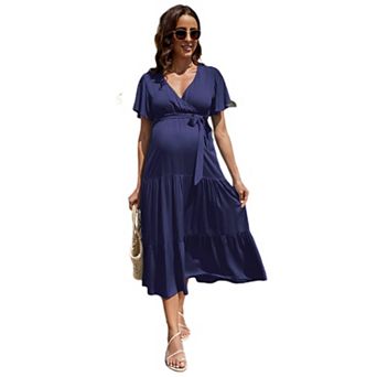 Women’s V Neck Flounce Sleeve Maternity Maxi Dress Puff Sleeve Ruched Long Gown Baby Shower Outfit
