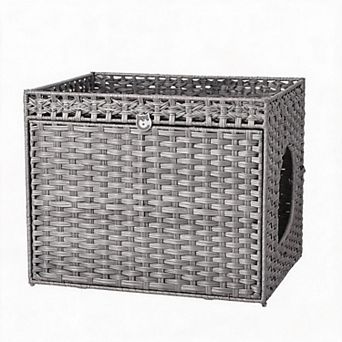 Rattan Cat Litter Box Enclosure, Hidden Litter Box Furniture with Removable Mat