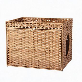 Rattan Cat Litter Box Enclosure, Hidden Litter Box Furniture with Removable Mat