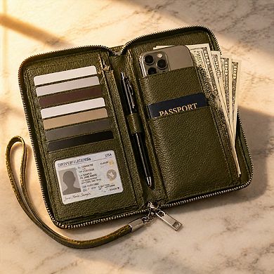 KSIZUIS RFID Blocking Leather Zip Around Wallet Large Capacity Phone Clutch Travel Purse Wristlet