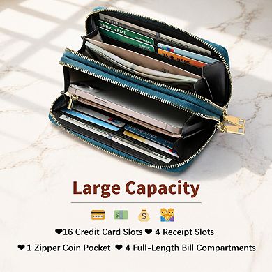 KSIZUIS Women's RFID Blocking Leather Wristlet Wallet Double Zip Large Capacity Card Phone Holder