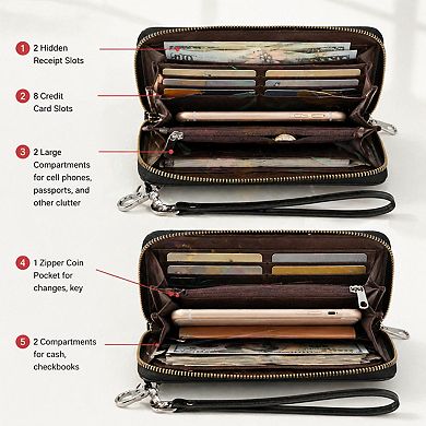 KSIZUIS Women's RFID Blocking Leather Wristlet Wallet Double Zip Large Capacity Card Phone Holder