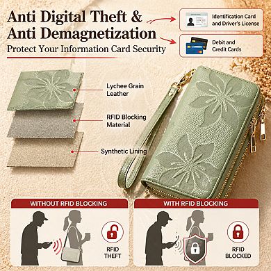 KSIZUIS Women's RFID Blocking Leather Wristlet Wallet Double Zip Large Capacity Card Phone Holder