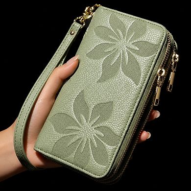 KSIZUIS Women's RFID Blocking Leather Wristlet Wallet Double Zip Large Capacity Card Phone Holder