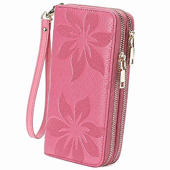 KSIZUIS Women's RFID Blocking Leather Wristlet Wallet Double Zip Large Capacity Card Phone Holder