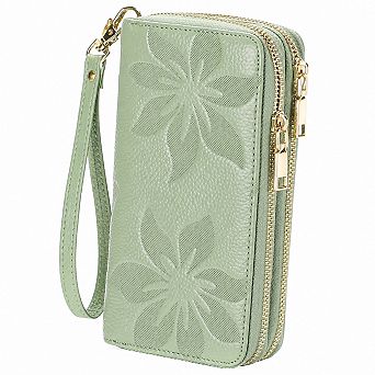 KSIZUIS Women's RFID Blocking Leather Wristlet Wallet Double Zip Large Capacity Card Phone Holder
