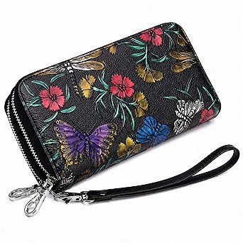 KSIZUIS Women's RFID Blocking Leather Wristlet Wallet Double Zip Large Capacity Card Phone Holder