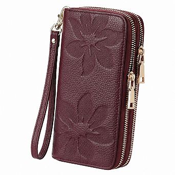KSIZUIS Women's RFID Blocking Leather Wristlet Wallet Double Zip Large Capacity Card Phone Holder