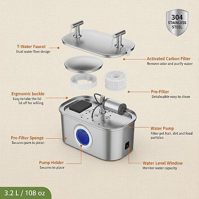 Petsfit Stainless Steel Cat Water Dispenser 108oz Large Capacity Ultra Silent Pump