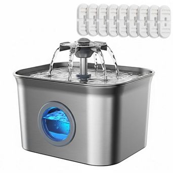 Petsfit Stainless Steel Cat Water Fountain 2.8L Ultra-quiet Pump LED Level Dishwasher Safe 3 Filters