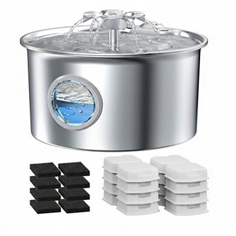 Petsfit Stainless Steel Cat Water Fountain 88oz Ultra Quiet Flower Spout LED Blue Light