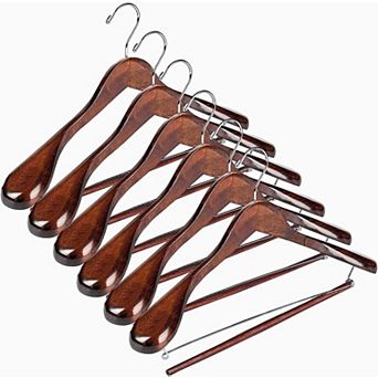 6 Pack Heavy Duty Wooden Suit Hangers With Non Slip Pants Bar 360 Swivel Hook Smooth Finish