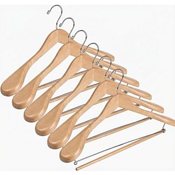 6 Pack Heavy Duty Wooden Suit Hangers With Non Slip Pants Bar 360 Swivel Hook Smooth Finish