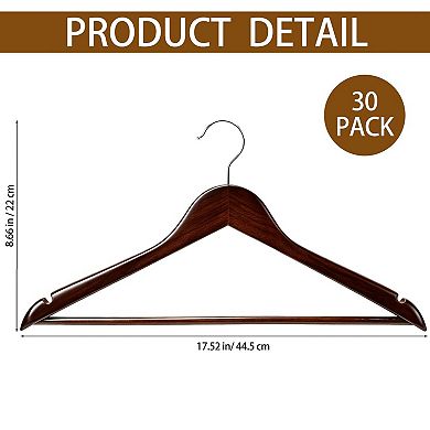 30 Pack Solid Wood Coat Hangers 360 Swivel Hook Smooth Finish Shoulder Grooves For Clothes