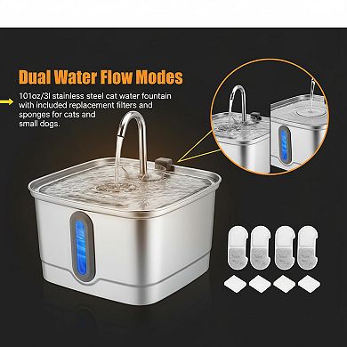 Petsfit Stainless Steel Pet Water Dispenser 3L, Quiet Pump, Filter System, LED Light