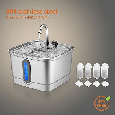 Petsfit Stainless Steel Pet Water Dispenser 3L, Quiet Pump, Filter System, LED Light