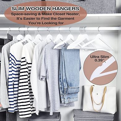 Slim Solid Wood Coat Hangers 360 Swivel Hook Notches Pants Bar Smooth Finish Closet Storage