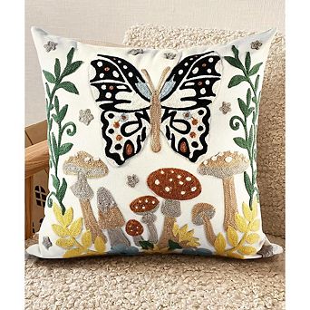 Embroidered Throw Pillow Cover with Zipper, Boho Butterfly Design