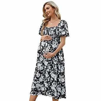 Maternity Square Neck Puff Sleeve Midi Dress, Smocked Floral Casual Dress