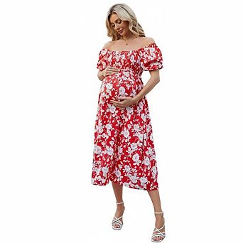 Maternity Square Neck Puff Sleeve Midi Dress, Smocked Floral Casual Dress