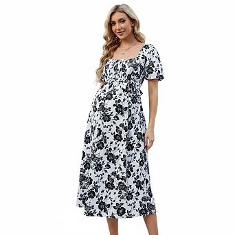 Maternity Square Neck Puff Sleeve Midi Dress, Smocked Floral Casual Dress