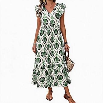 Women’s V Neck Loose Fit Printed Maxi Dress Boho Beach Vacation Summer Long Dress