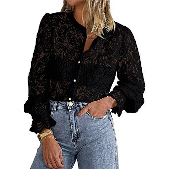 Women's Dressy Casual Lace Blouse Long Sleeve Button Up Shirts Tops Spring Fall Fashion Clothes