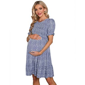 Maternity Round Neck Puff Sleeve Mini Dress, Tiered Casual Dress