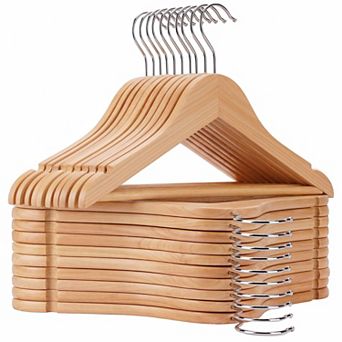 20 Pack Solid Wood Clothes Hangers with Pants Bar Shoulder Notches Swivel Hooks