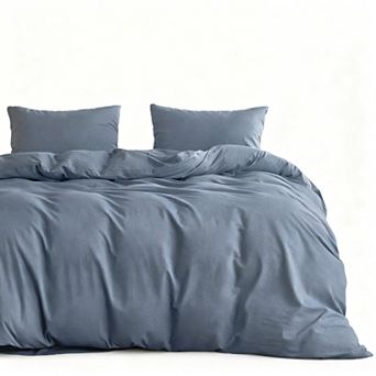 Queen Size Washed Cotton Duvet Cover Set with Linen Feel
