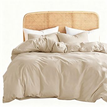 Queen Size Washed Cotton Duvet Cover Set with Linen Feel